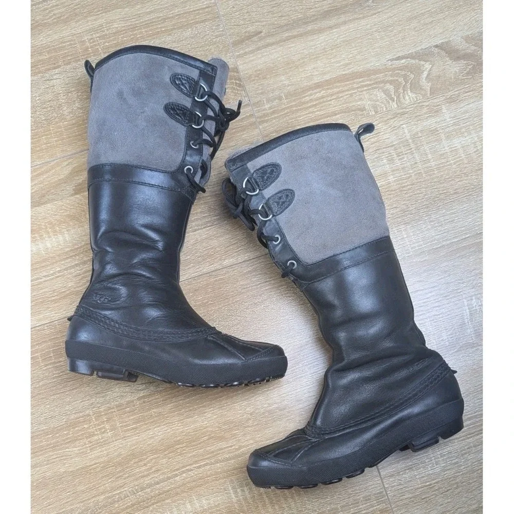 Ugg Belcloud US 6 Sheepskin Shearling Lined Black Gray Leather Duck‎ Boot